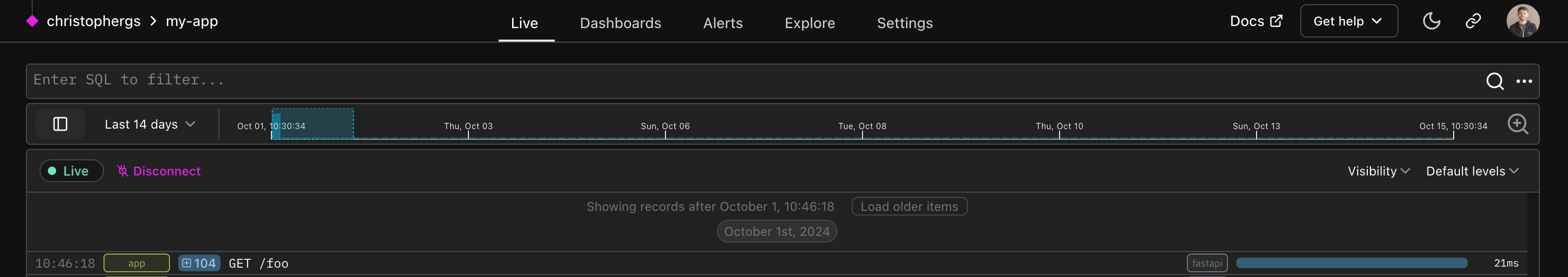 Logfire Live View SQL query box