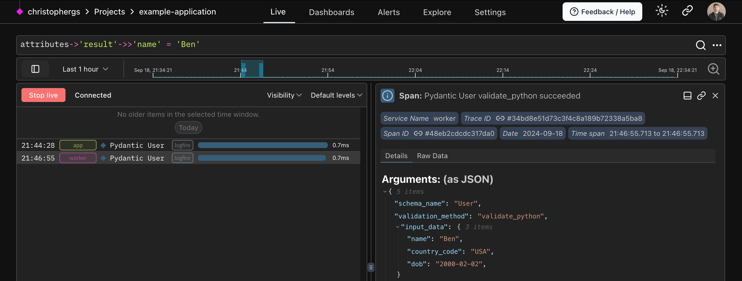 Logfire search query screenshot